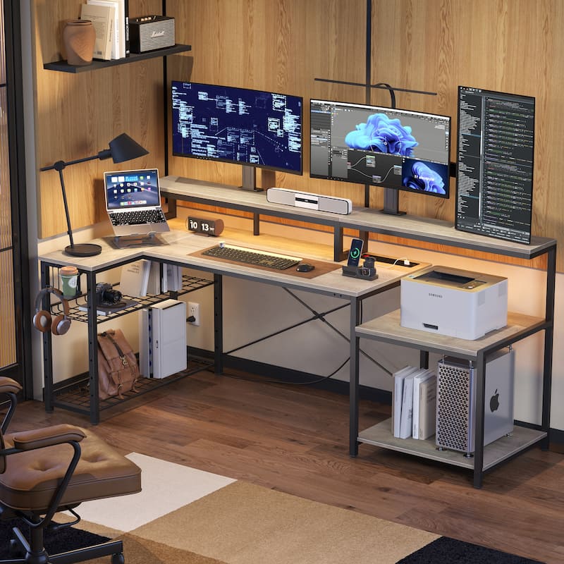 Bestier 71.5“” Computer Desk with Power Outlets, L Shaped LED Home Office Desk with Long Monitor Stand and Cup Holder & Hooks - Grey