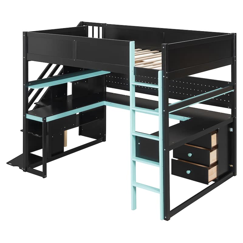 Gaming Loft Bed with Storage Stairs & Desk, Video Game Bed Wood Loft Bed Frame with Pegboard for Teens