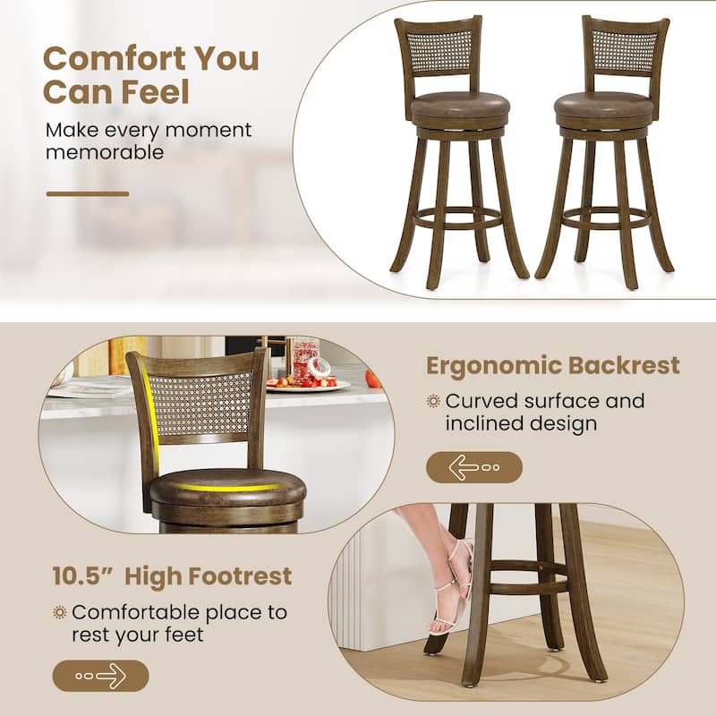 Gymax Set of 2 Bar Stools 30'' Swivel Bar Chairs w/ PE Rattan Backrest