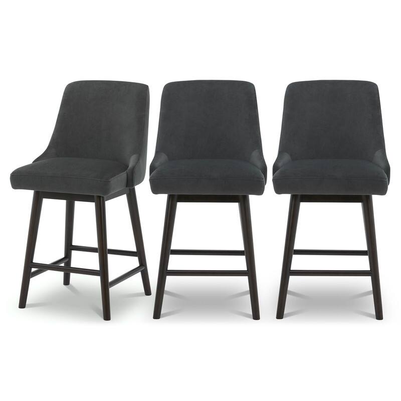 Spruce & Spring Hazel Upholstered Counter Height Swivel Barstool with Back - Set of 3 - Dark Grey-Velvet