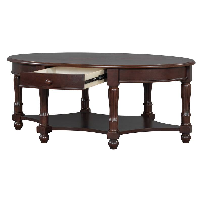 French Country Style Coffee Table Vintage Oval Coffee Table with Drawers and Storage Shelves, for Living Room