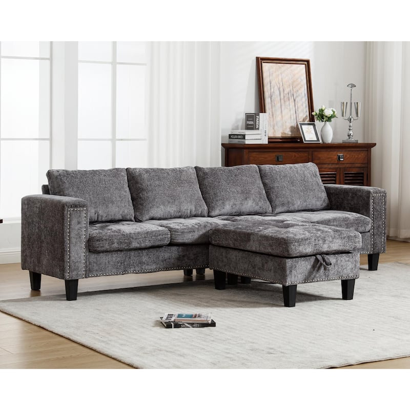 5 Seat Modular Convertible Sectional L Shaped Sofa with Storage Ottoman, Gray, Chenille