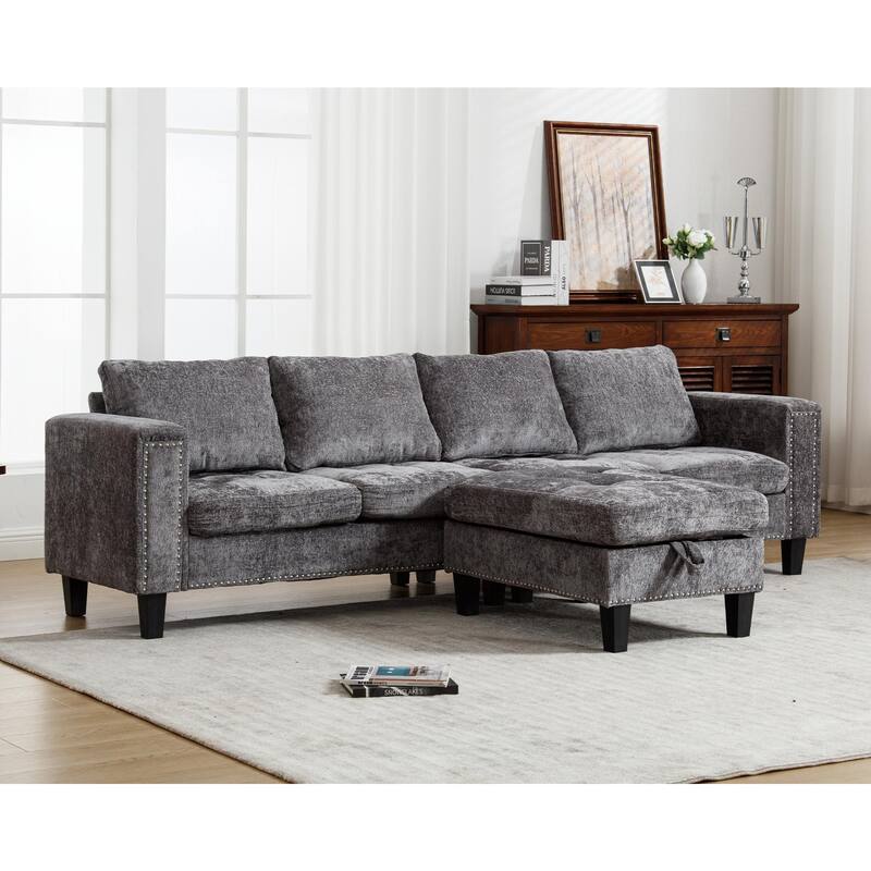 Grey 104.5'' L-Shaped Modular 5 Seat Sectional Sofa with Storage Ottoman, Reversible Chaise and 4 Back Cushions