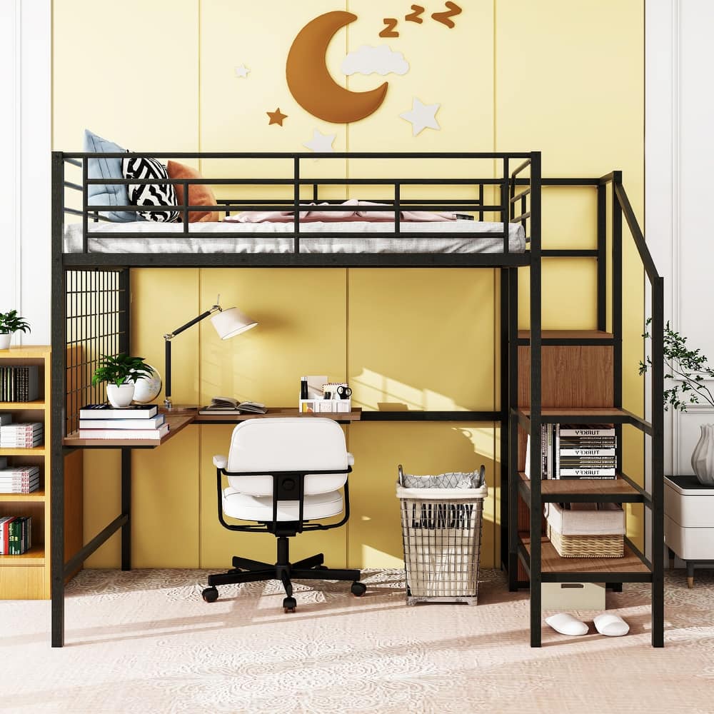 Metal Loft Bed with L Shape Desk and Metal Grid, Kids High Metal Bed Frame with Lateral Storage Ladder and Wardrobe