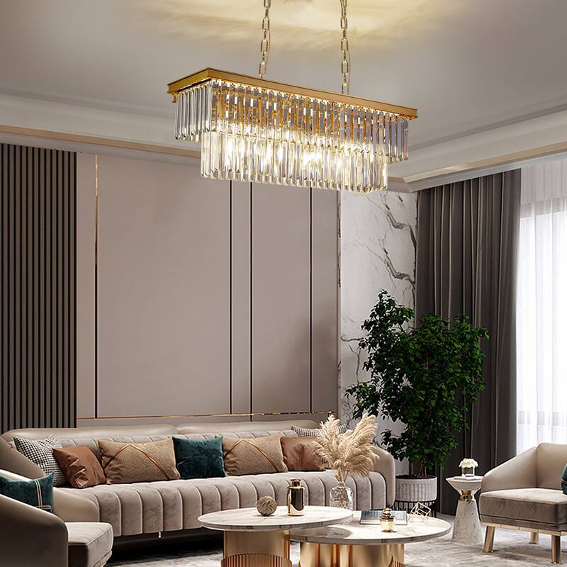 Gold Rectangle Crystal Chandelier, Luxury Pendant Light for Dining Room, Bulbs Included
