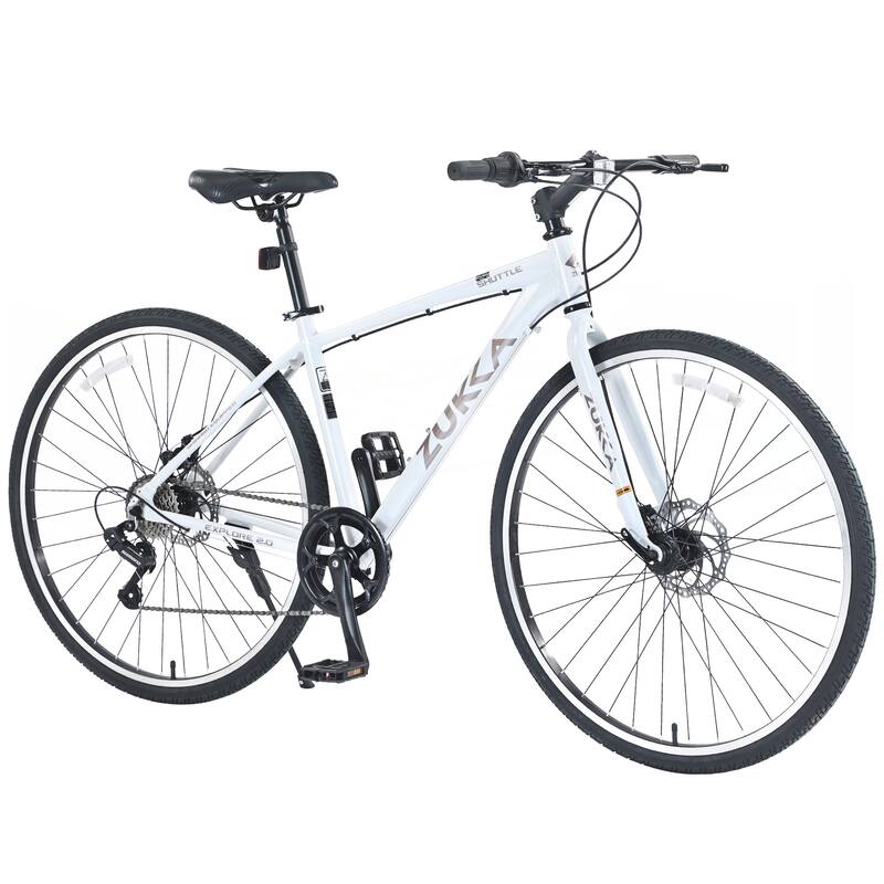 7 Speed Hybrid Bike Double Disc Brakes 700C Road Bike - White