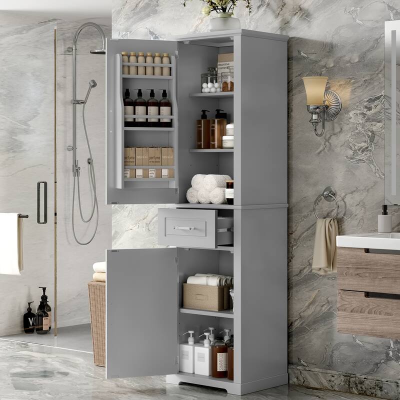 72.2" Tall Bathroom Storage Cabinet - Freestanding with 2 Door Sizes, Adjustable Shelf, MDF Board, Painted Finish - Grey