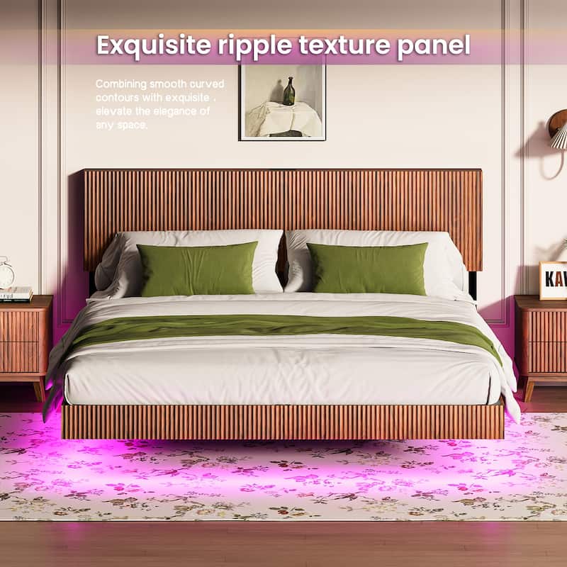 King Wavy Platform Bed Frame, Headboard with Charging Station/Modern Floating Bed with LED Light Strip/Metal Structural Support - Walnut - King