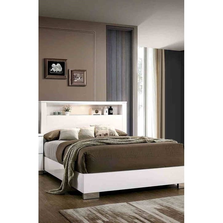 Contemporary White Finish 1PC LED Shelf Headboard Bed