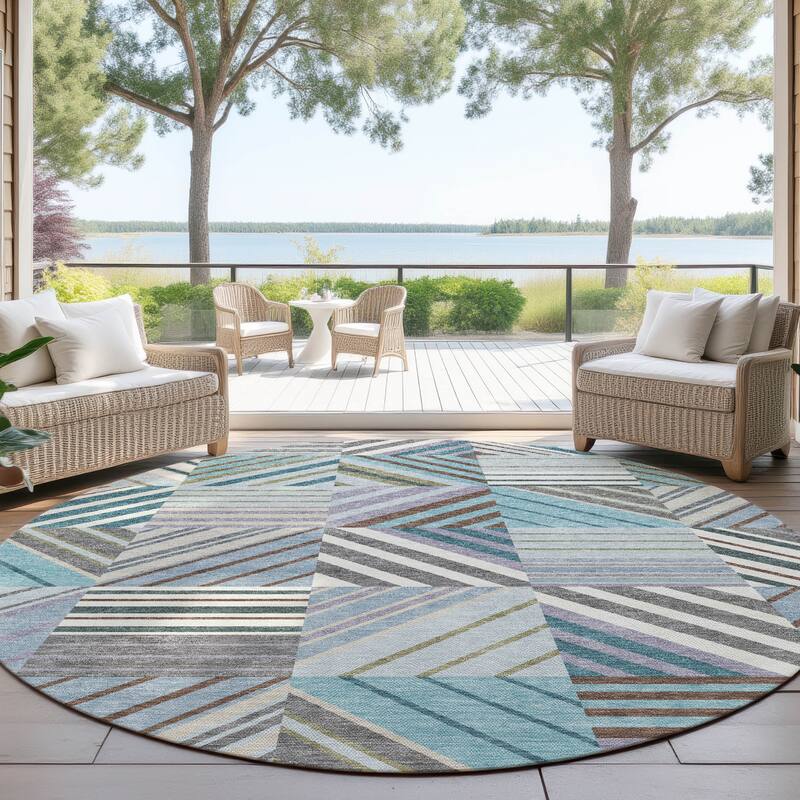 Machine Washable Indoor/ Outdoor Geo Mosaic Chantille Rug - Teal - 8' x 8'
