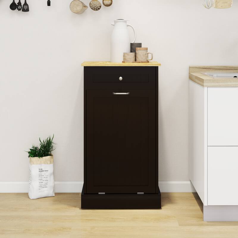 Anmytek 10-Gallon Woodgrain Tilt-Out Trash Can Cabinet with Wave-Textured Drawer for Kitchen,Bathroom