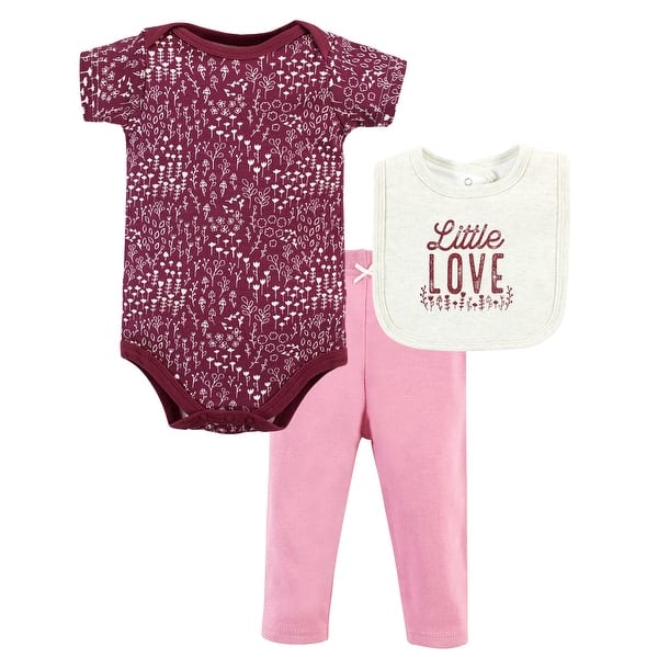 slide 1 of 1, Hudson Baby Infant Girl Cotton Bodysuit, Pant and Bib Set, Little Love Flowers 0-3 Months - Little Love Flowers