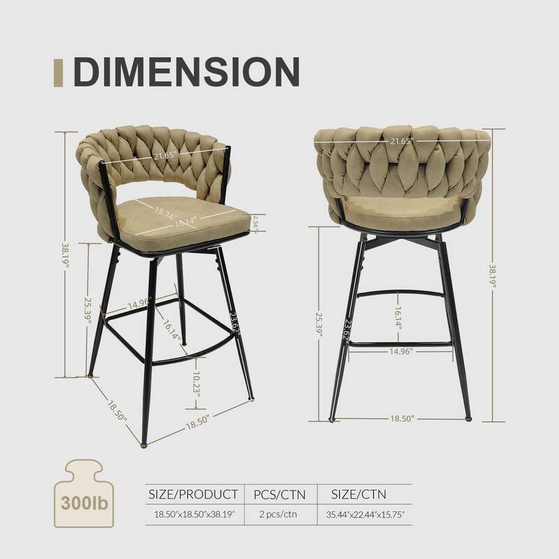 360 Swivel Bar Stool Set of 2 with Back and Footrest, No Adjustable