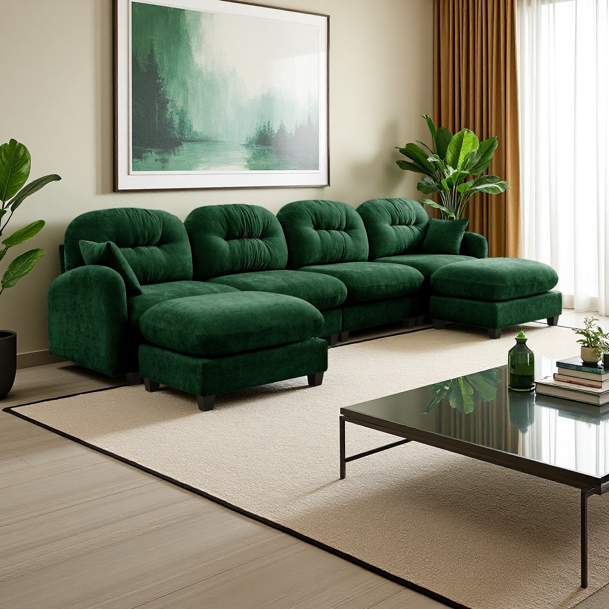 140" Chenille Modular U-Shaped Sectional Sofa with Ottoman & Tufted Backrest