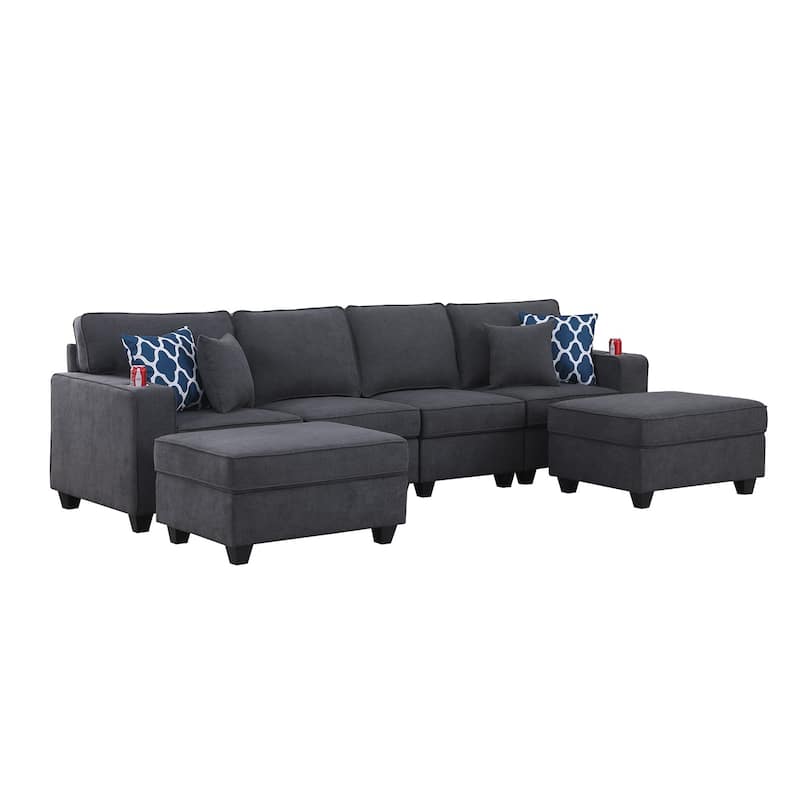 Woven Upholstered 4-Seater Sofa with 2 Ottomans in Stone Gray