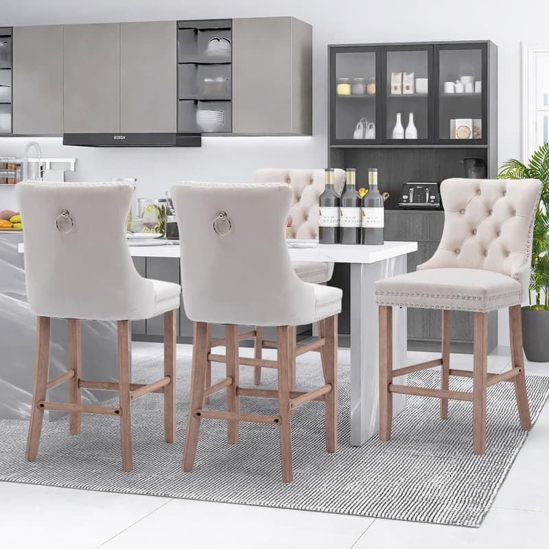 Wing Back Velvet Tufted Nailhead Barstools(Set of 4)