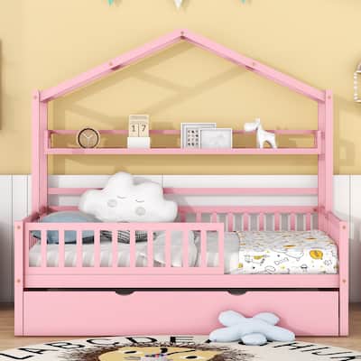 Wooden Full Size House Bed with Twin Size Trundle,Kids Bed with Shelf