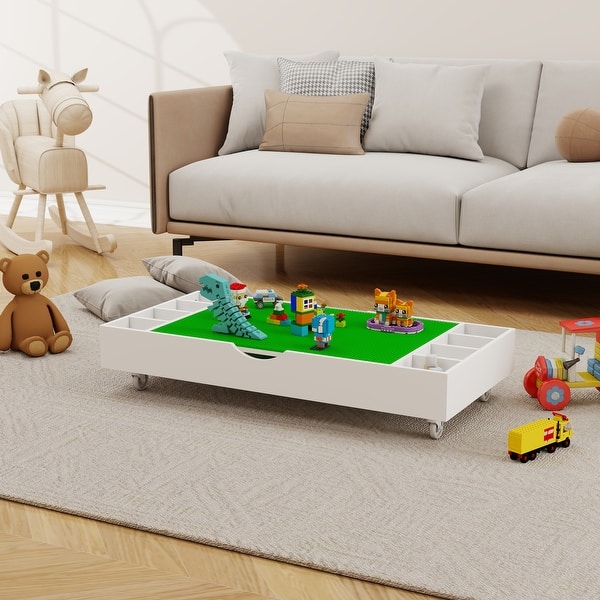 slide 2 of 9, The 2 in 1 Rollaway Play Table and Toy Organizer Compatible with Lego Suitable for Storing Under Bed or Sofa-White White+Green