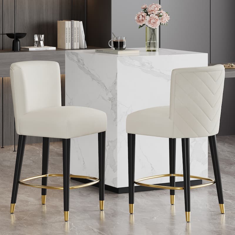 27" Modern Counter Stool with Beige Fabric & Gold Circular Footrest, Sophisticated Luxury Design