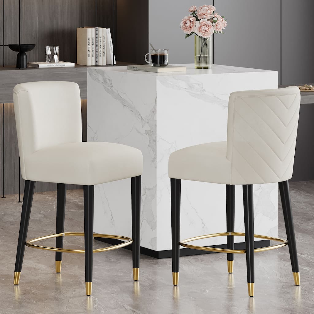 27" Modern Counter Stool with Beige Fabric & Gold Circular Footrest, Sophisticated Luxury Design