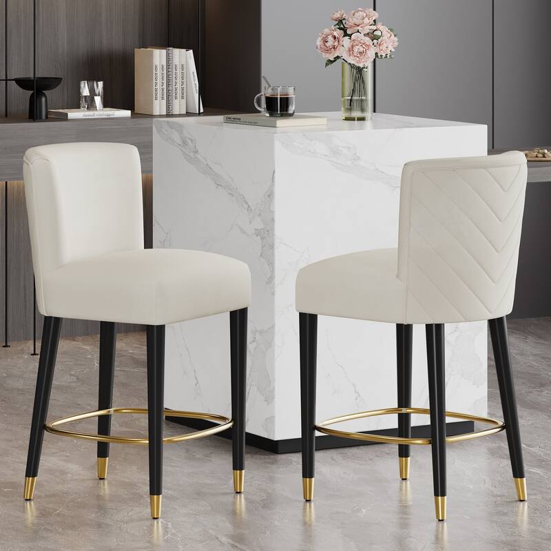 Roomfitters 27'' Upholstered Counter Stools, Set of 2 Modern Bar Chairs with Gold Circular Footrest and Light Fabric - Beige