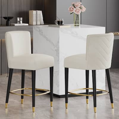 Roomfitters 27'' Upholstered Counter Stools, Set of 2 Modern Bar Chairs with Gold Circular Footrest and Light Fabric