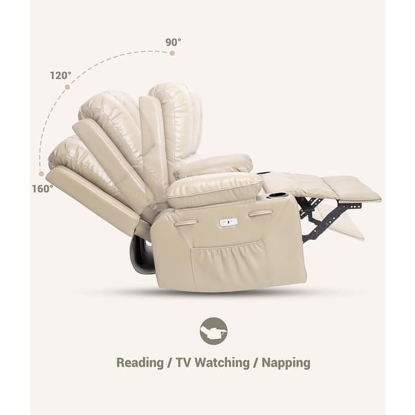 dimension image slide 0 of 15, Oversized power recliner with heat, massage, 360 degrees swivel, and cup holder.