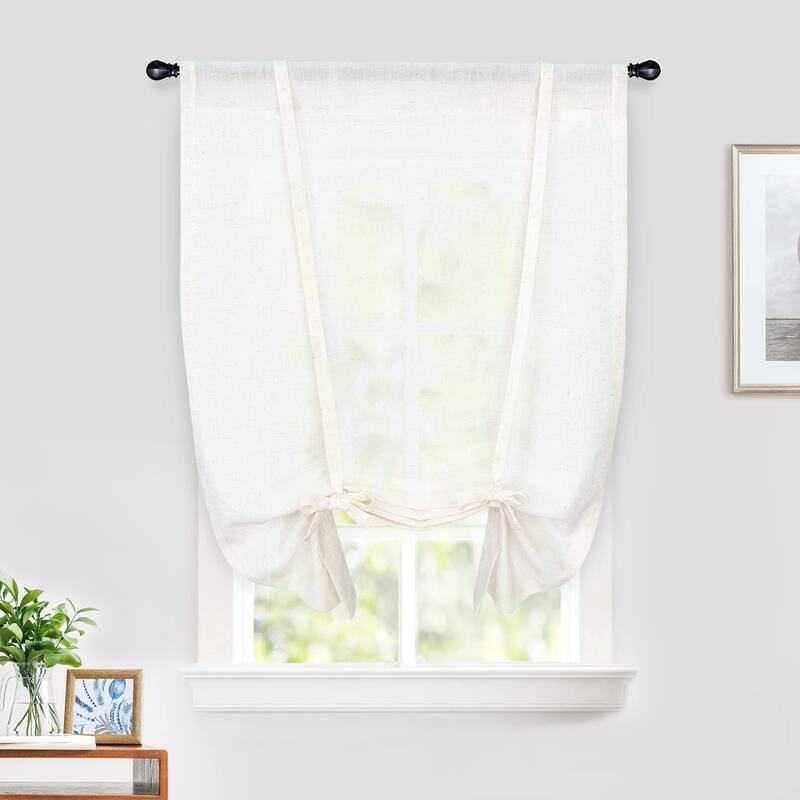 DriftAway Solid Linen Blend Sheer Voile Tie Up Decorative Adjustable Balloon Rod Pocket Curtains for Small Window - 31" Width X 47" Length - Light Linen