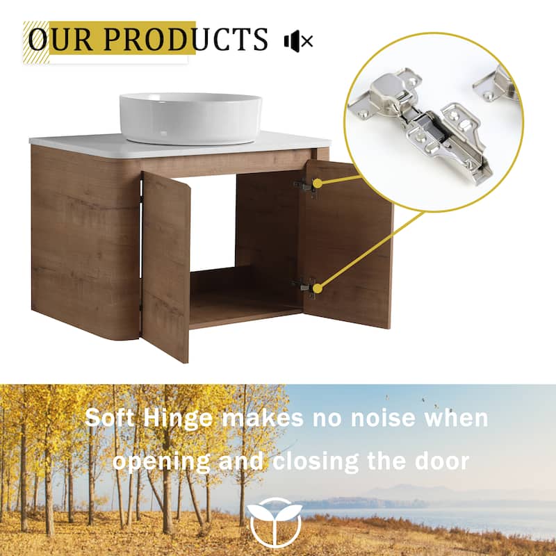 30'' Wall-Mounted Bathroom Vanity With Ceramic Art Sink & 2-Soft-Close Door, KD-Packing, Plywood