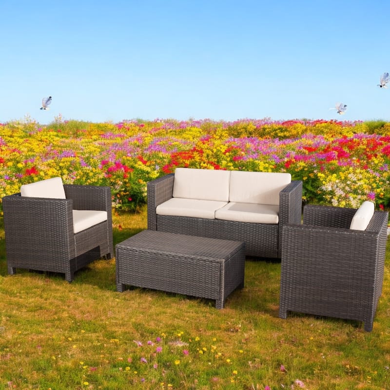 4-Piece Outdoor Sofa Set with Cushions, PE Wicker Rattan Seating Group with Loveseat - Backyard, Patio, or Garden - Dark Brown
