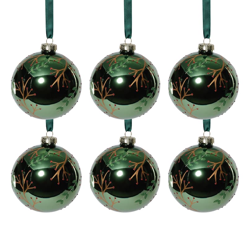 Shiny Green Metallic Glass Ball Ornaments with Gold Leaf & Twig Design, Set of 6, 4"