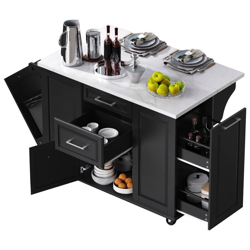 Retro Kitchen Island with Tilted Trash Can Cabinet, 2 Drawer Pull Out Cabinet Organizer and Folding Board, for Kitchen