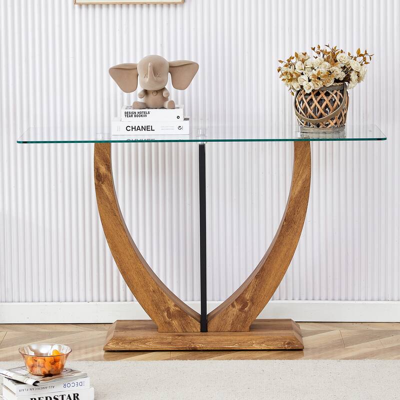 50" Modern Rectangular Side Table with Durable Tempering Glass Tabletop and Solid Base