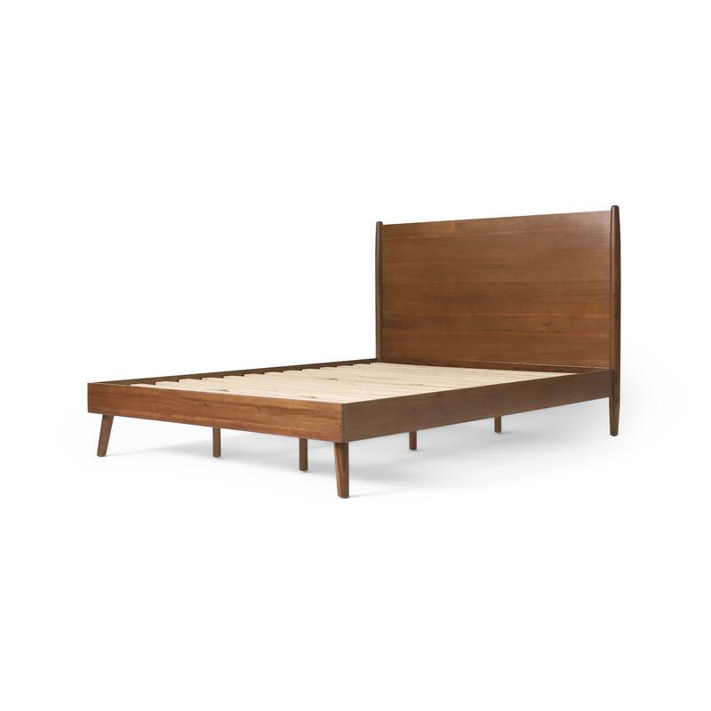 California King Size Natural Acacia Wood Platform Bed with Mid-Century Modern Design and 600lb Capacity