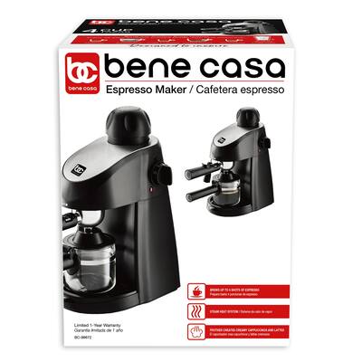 Bene Casa 4-cup espresso maker, black, milk frother, glass carafe coffee maker - 4-Cup Espresso Maker