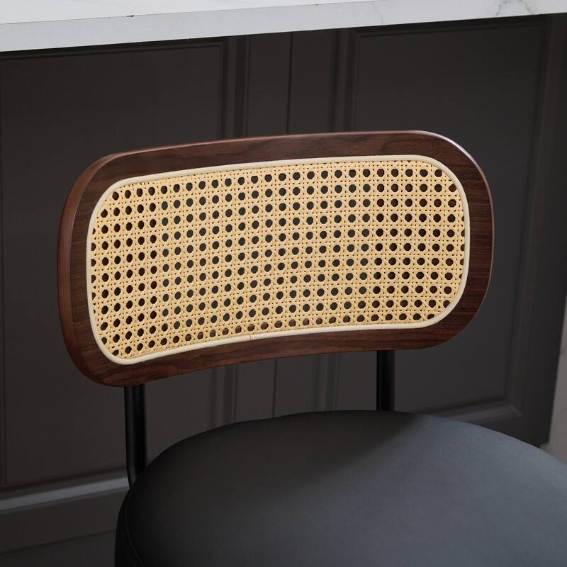 26" Swivel Rattan Bar Stools - Walnut Finish Counter Height Stools with Upholstered Seat