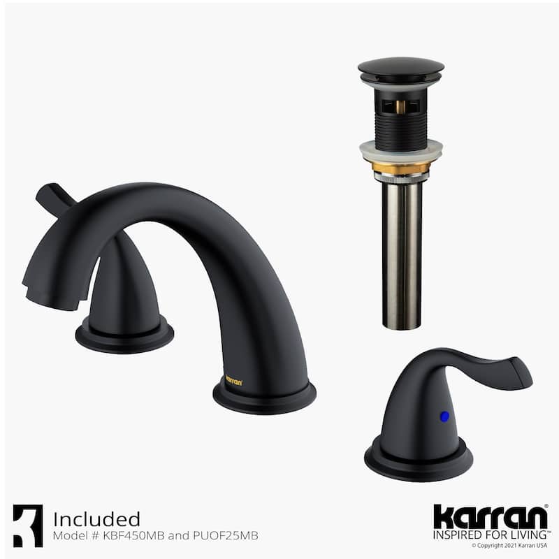 Karran Fulham Three Hole Two Handle Widespread Bathroom Faucet with Matching Pop-up Drain - Matte Black