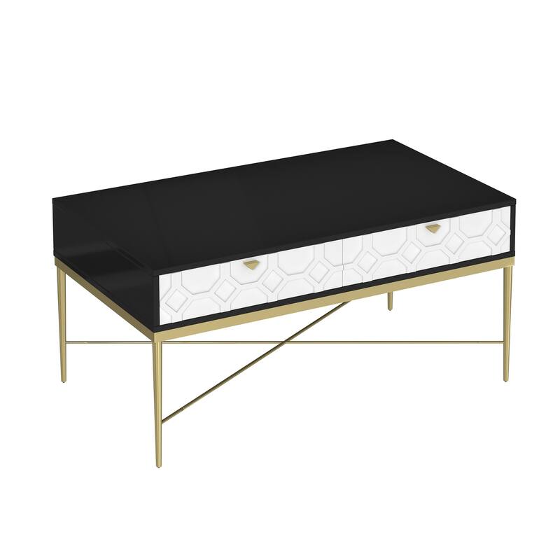 Modern Black and White Coffee Table Storage Table with 2 Drawers and Adjustable Feet, for Living Room