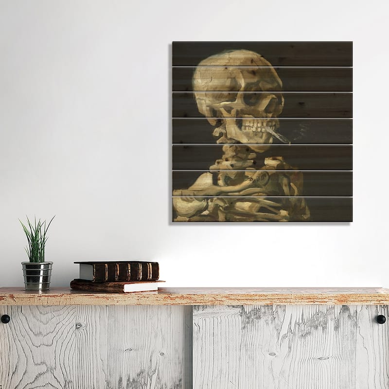 Head of a Skeleton With a Burning Cigarette Print On Wood by Vincent van Gogh - Multi-Color