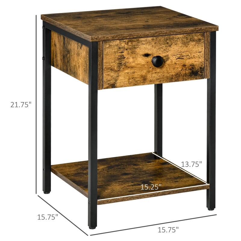 HOMCOM Industrial Side Table with Storage Shelf, Accent Table with Drawer for Living Room, or Bedroom, Rustic Brown