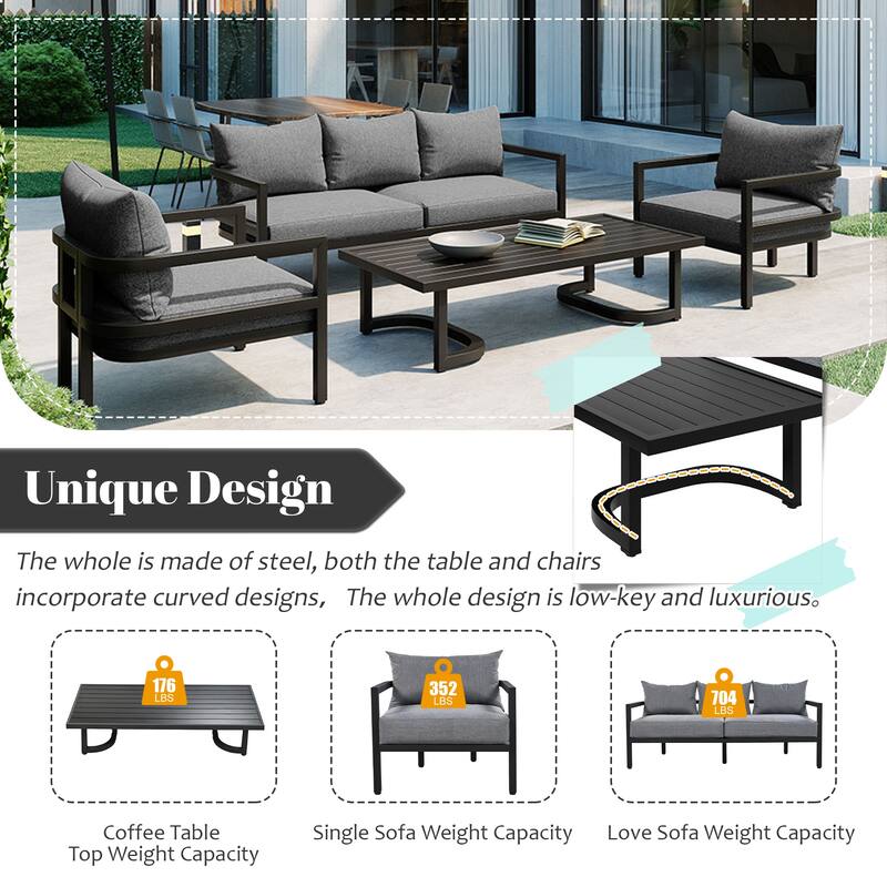 4-Piece Outdoor Patio Furniture Set with Acacia Wood Coffee Table, Steel Frame Sofa Set with Cushions, Curved Backrest