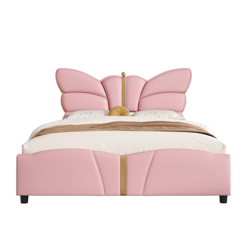 Full Size Upholstered Bed Frame, with Butterfly Shaped Headboard and Footboard, Platform Bed Frame with Gold Metal decorations