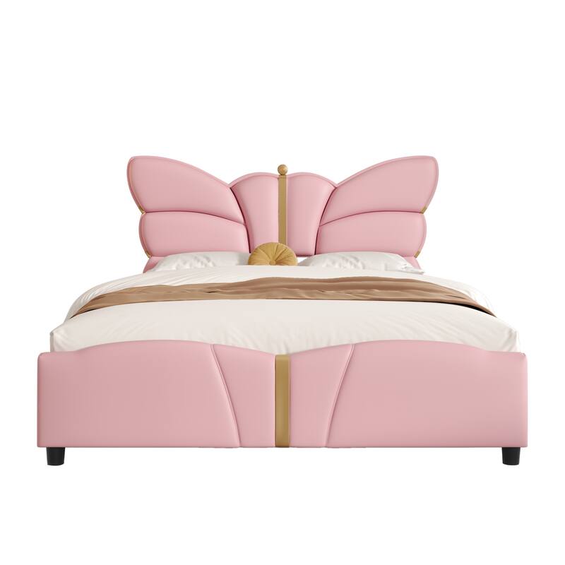 Full Size Upholstered PU Leather Bed Frame with Butterfly Headboard, Gold Metal Decorations, No Box Spring Needed, Light Pink