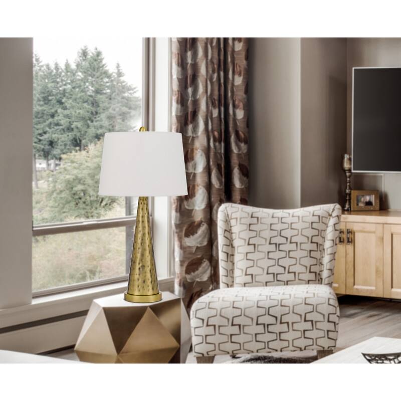 Antiqued Brass Metal Table Lamp with White Empire Fabric Shade and Rotary Switch - 14” x 14” x 27” (D x W x H)