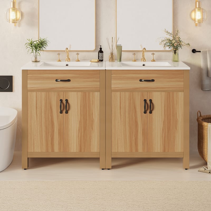 GDFStudio - Barro Transitional Freestanding Bathroom Vanity Cabinet with Ceramic Sink, Adjustable Shelf & Soft Close Storages