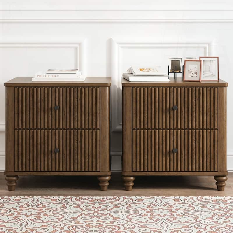 Wood NightStand with Metal Handle - Walnut/2-Piece - 3-drawer