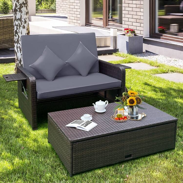 Patio Rattan Daybed with 4-Level Adjustable Backrest and Retractable Side Tray - 31" x 67" x 36"
