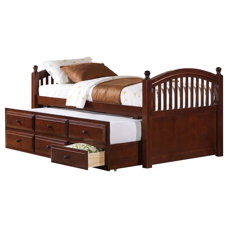 Chestnut Wood Twin Captain's Daybed with Storage Drawers and Pull Out Trundle, Multifunctional Compact Design