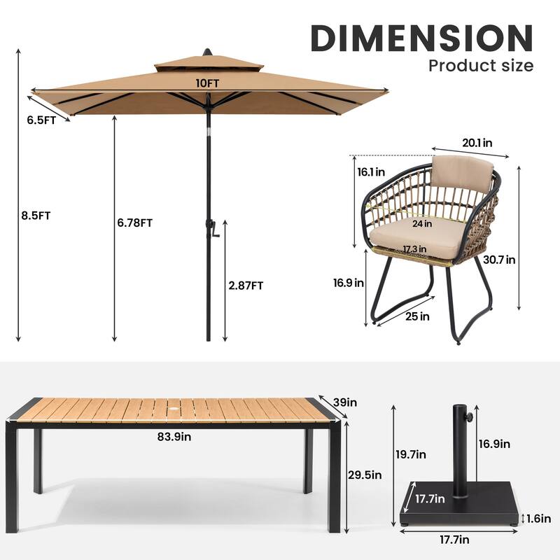 9/11-Piece Outdoor Patio Dining Set Aluminum Table and Chairs w/10 ft Market Umbrella and Base