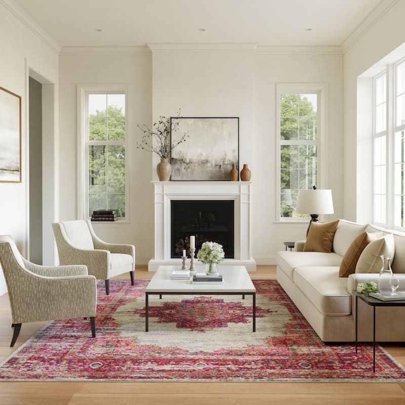 Porch & Den Dobbin Vintage Persian Medallion Farmhouse Area Rug - 6' 7" x 9' 6" - Ivory/Pink